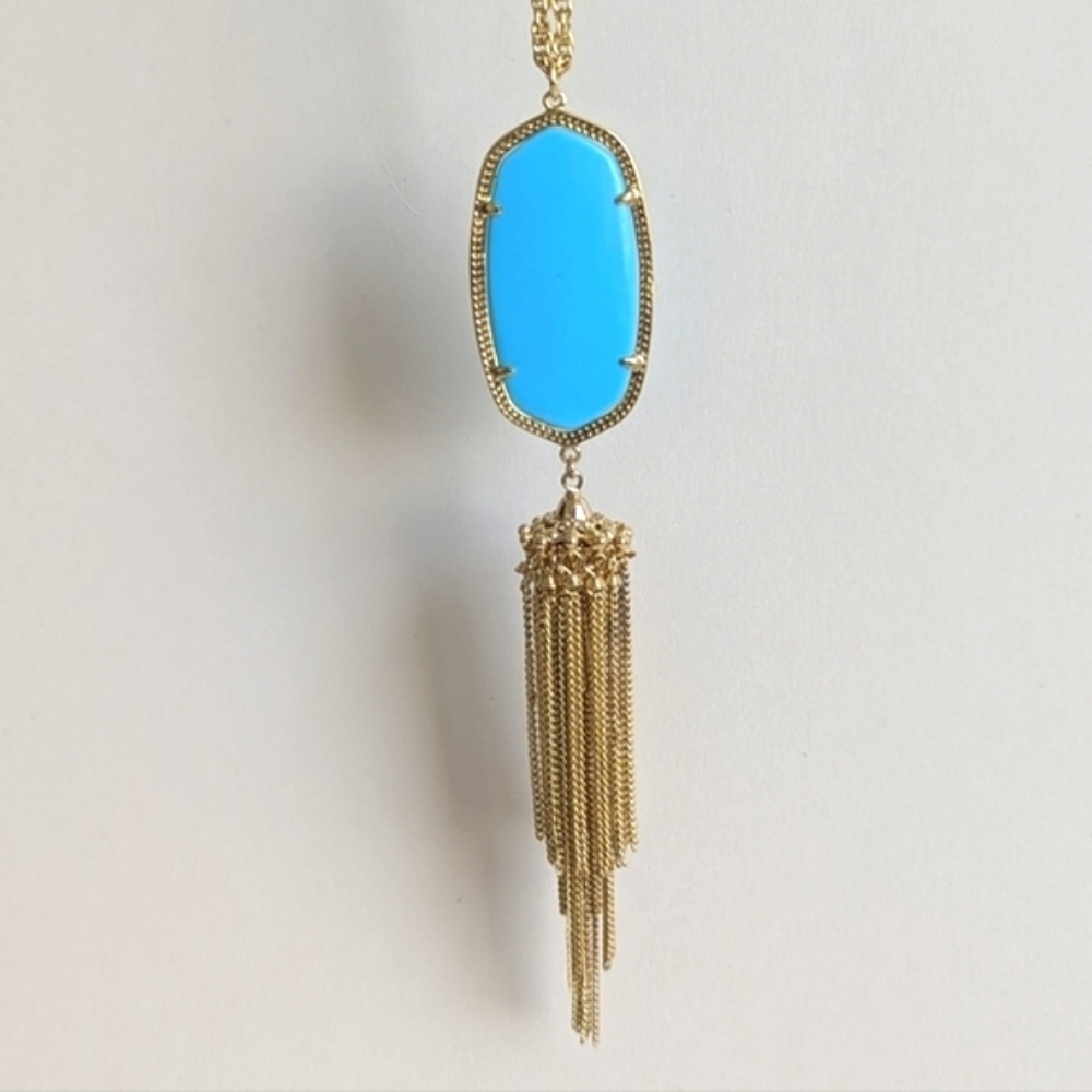 Kendra Scott Gold Necklace with Bright Turquoise Blue Pendant and Tassel - Picture 5 of 10